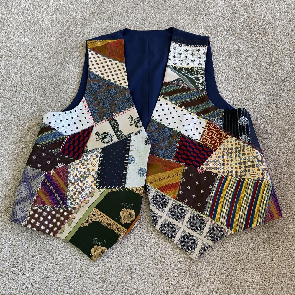 Patchwork Silk Vest Mens L Multicolor Satin Quilted Open Front Party Casual